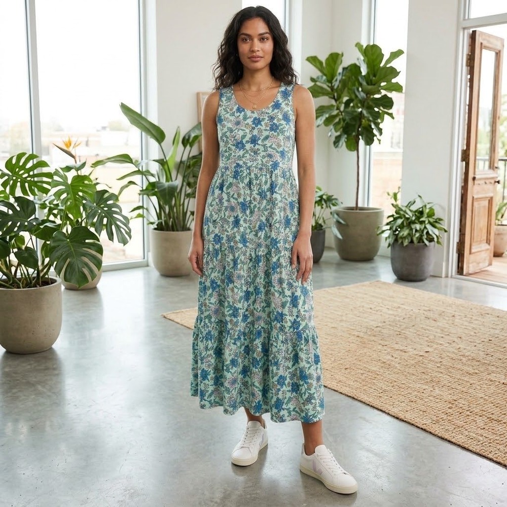 Lands End Floral Tiered Maxi Dress Sleeveless Blue Green Cotton Large Women